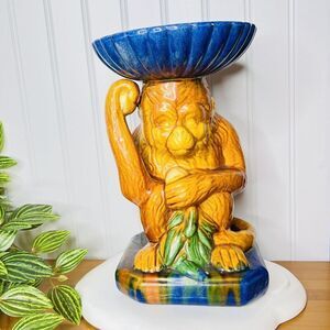 Vintage Monkey Holding Bowl Mojolica Large Mid Century Colorful 10.5” Planter